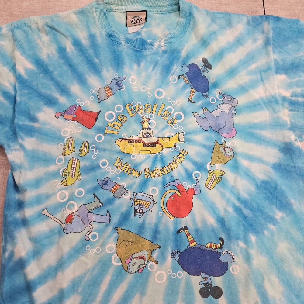Vintage The Beatles Yellow Submarine Liquid Blue Tie Dye Shirt Mens Large Blue